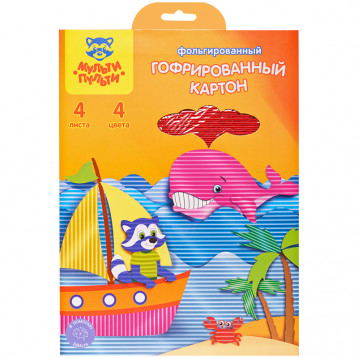 Картон цветной А4, Мульти-Пульти, 4л., 4цв., гофрированный, фольгированный, в папке, "Приключения Ен