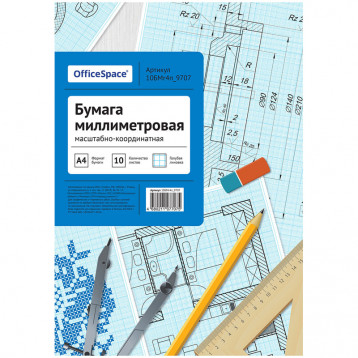 Бумага масштабно-координатная OfficeSpace, А4 10л., голубая, в папке