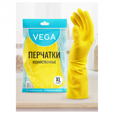 Перчатки резиновые хозяйственные Vega, многоразовые, хлопчатобумажное напыление, размер XL Перчатки резиновые хозяйственные Vega, многоразовые, хлопчатобумажное напыление, размер XL