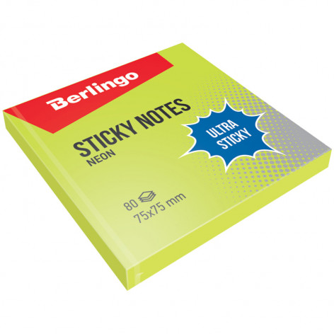 Самоклеящийся блок Berlingo "Ultra Sticky", 75*75мм, 80л, зеленый неон Самоклеящийся блок Berlingo "Ultra Sticky", 75*75мм, 80л, зеленый неон